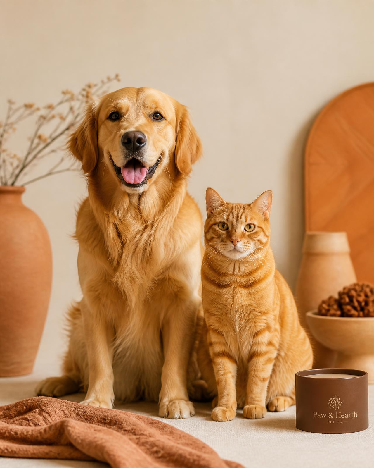 A golden retriever and ginger cat sitting together in a warm, minimal home